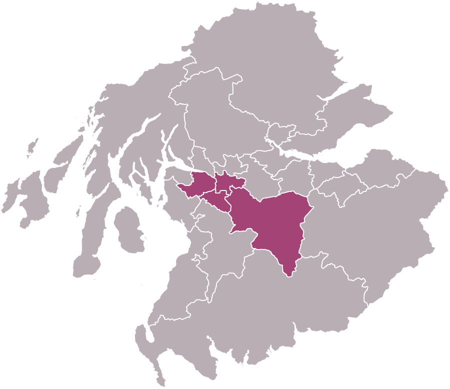 Map of central and southern Scotland with Glasgow, Renfrewshire, East Renfrewshire and South Lanarkshire shaded